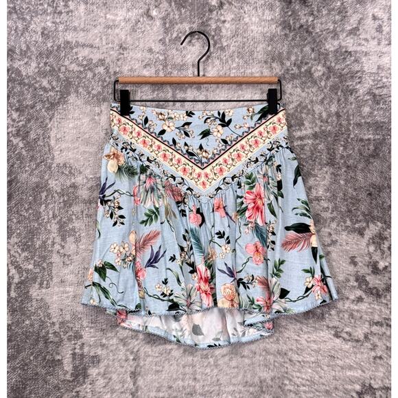 Agua Bendita Skirt Medium Womens Violet Smocked Blue Floral Mini - Picture 1 of 6